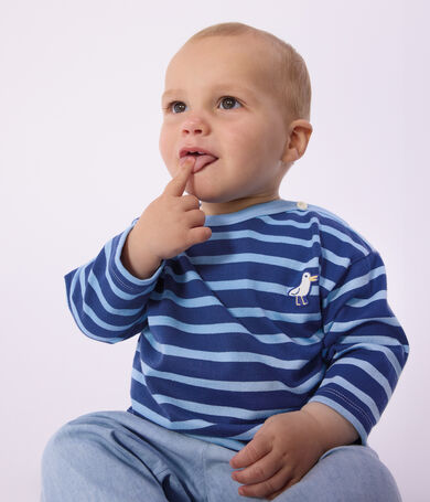 Katoenen babytruitje met matrozenstreepje en meeuwbadge