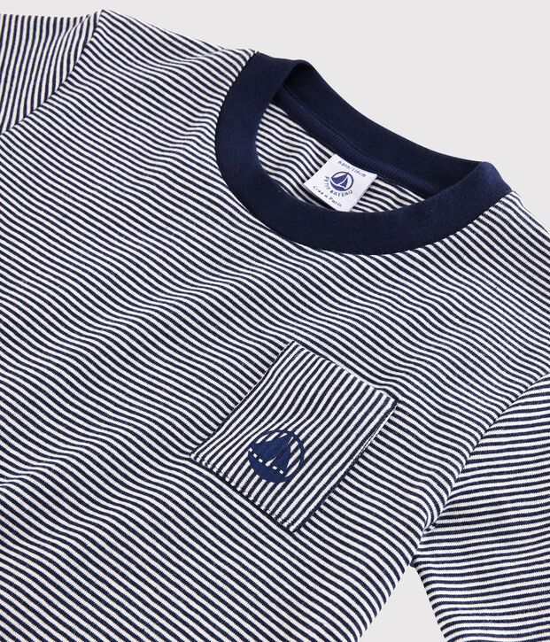 Tee-shirt manches courtes en coton enfant gar&ccedil;on bleu/blanc