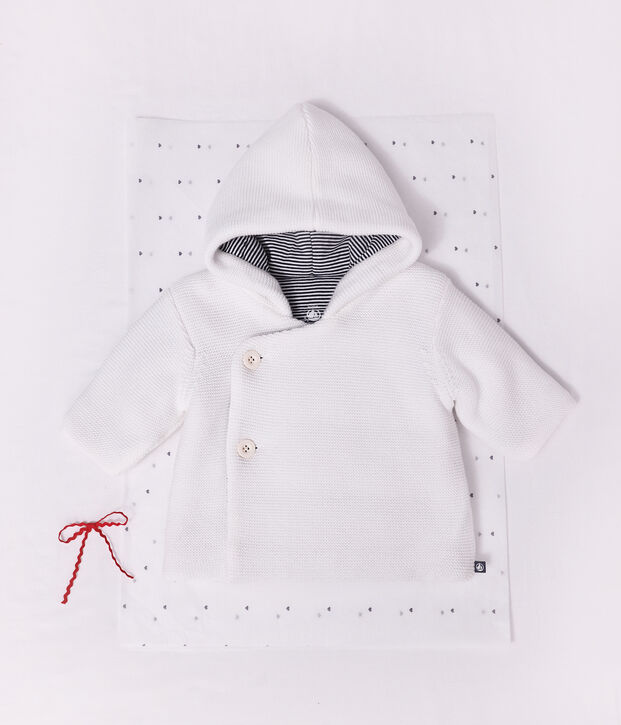 Veste b&eacute;b&eacute; ouatin&eacute;e en tricot et doublure milleraies blanc