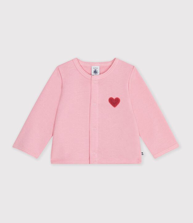 Cardigan b&eacute;b&eacute; en coton uni et badge c&oelig;ur rose