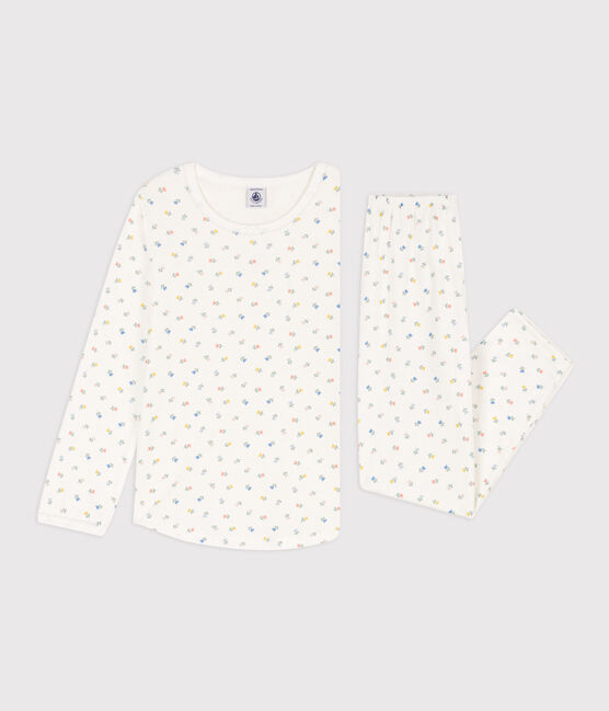 Pyjama fleurs en coton petite fille blanc MARSHMALLOW/blanc MULTICO