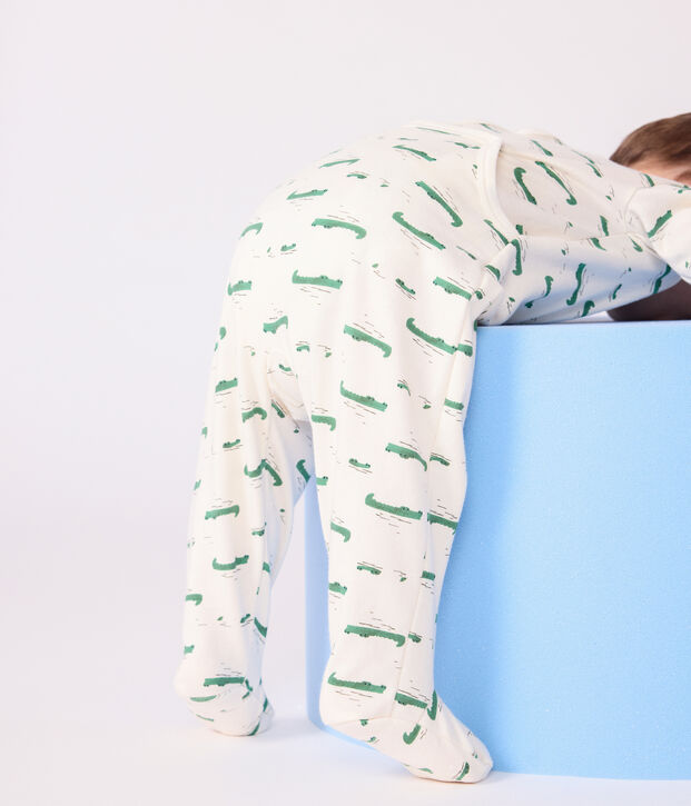 Babypyjama van geruwde fleece met opening op de rug en krokodillenprint ecru/multicouleur
