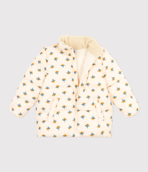 Donsjack met oprolbare capuchon voor meisjes ecru/multicouleur