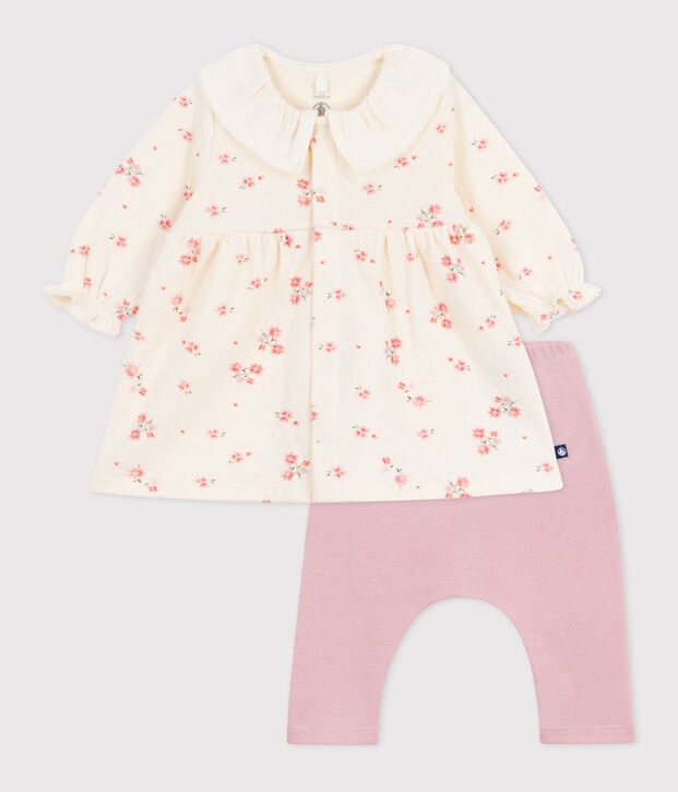 Babyjurkje met kraag en bloemenprint en legging van katoen ecru/multicouleur