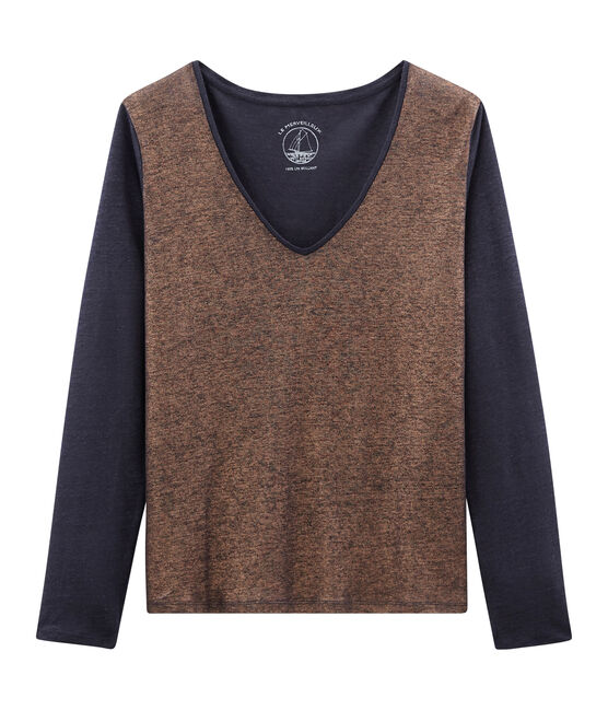 Tee-shirt manches longues femme en lin irisé bleu SMOKING/rose COPPER