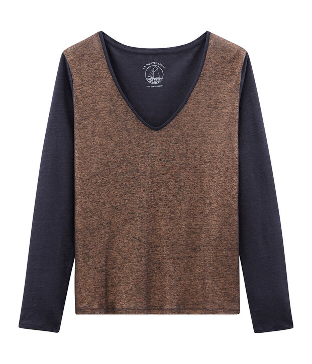 T-shirt met lange mouwen van ge&iuml;riseerd linnen blauw/roze