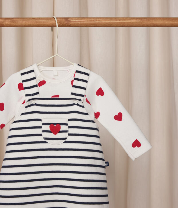 Ensemble salopette/body b&eacute;b&eacute; ray&eacute; et body imprim&eacute; c&oelig;urs blanc/bleu