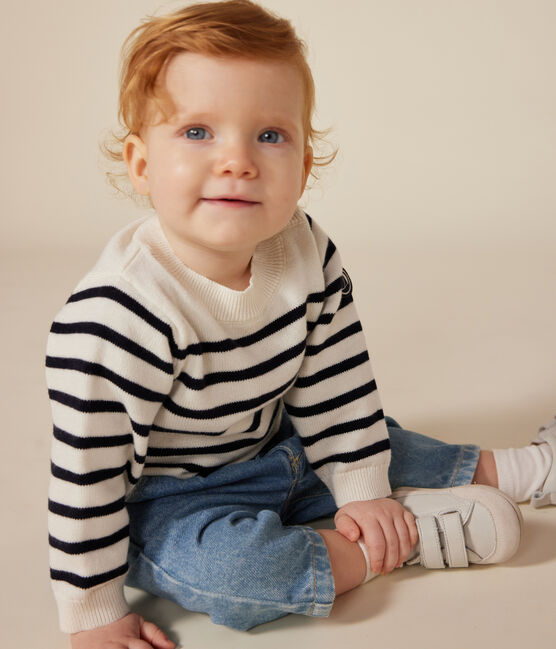 Pull en tricot de laine et coton bébé blanc MARSHMALLOW/bleu SMOKING