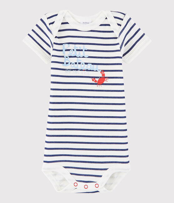Rompertje met korte mouwen babymeisje - babyjongen wit MARSHMALLOW/blauw MEDIEVAL