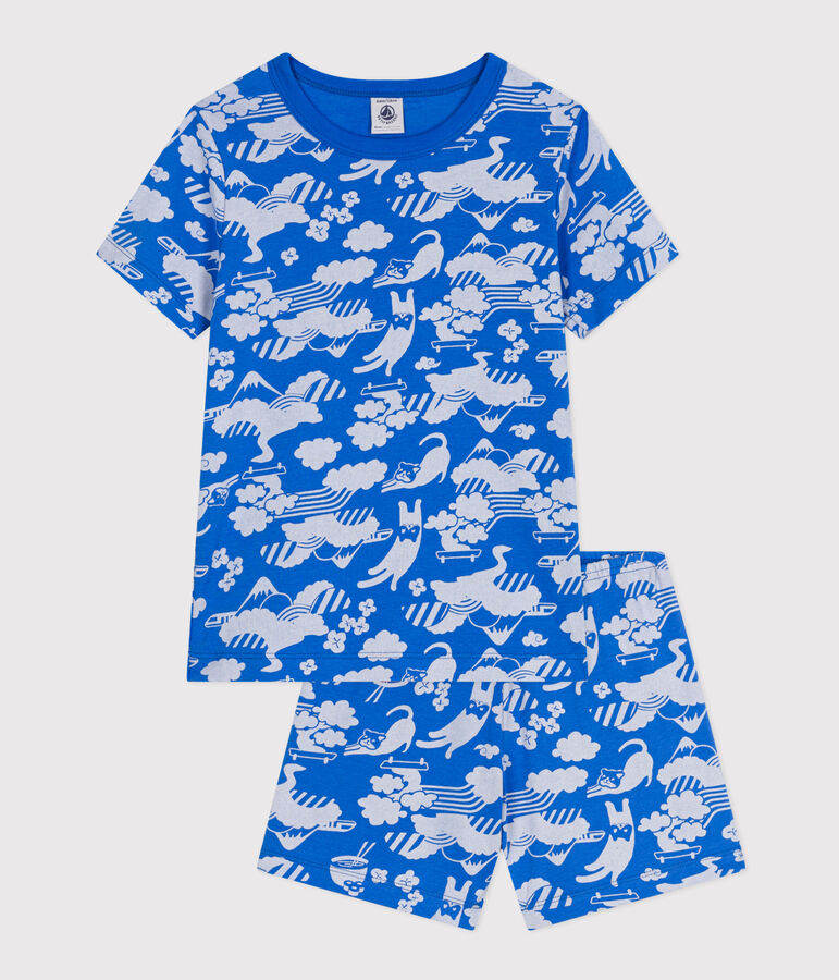 Katoenen pyjamashort met print voor kinderen blauw/wit