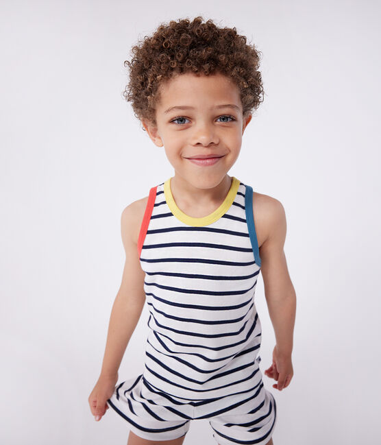 Pyjama short enfant en coton débardeur à rayures blanc MARSHMALLOW/bleu SMOKING