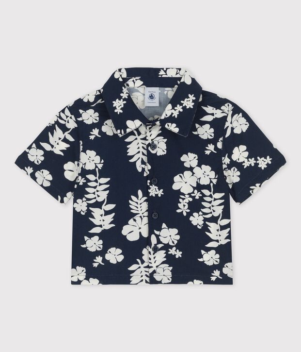 Chemise manches courtes imprim&eacute;e Hawa&iuml; en popeline b&eacute;b&eacute; bleu/blanc