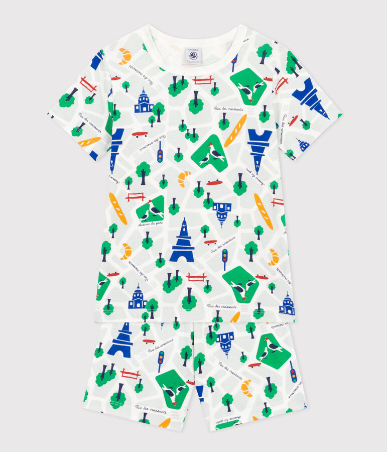 Pyjama short imprim&eacute; Paris en coton enfant blanc/bleu/multicouleur