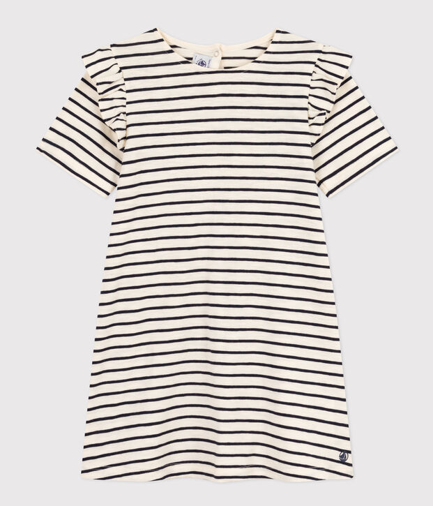Robe ray&eacute;e manches courtes en coton enfant fille &eacute;cru/bleu