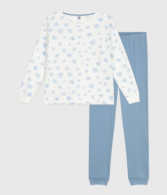 Pyjama femme en coton bi-matière imprimé cœurs bleu ADRIATIC/ MULTICO