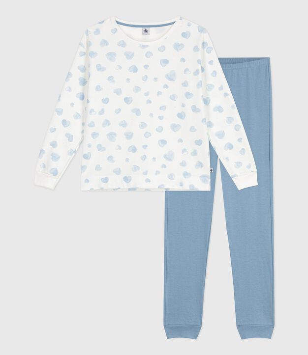 Pyjama femme en coton bi-mati&egrave;re imprim&eacute; c&oelig;urs bleu/multicouleur