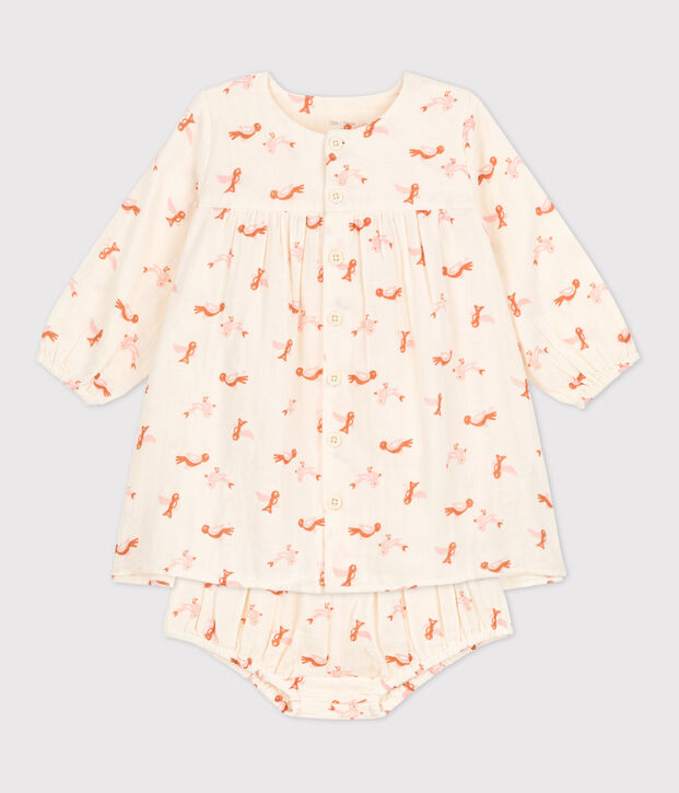 Jurkje en bloomer met vogeltjesprint van luchtig katoen voor baby's ecru/multicouleur