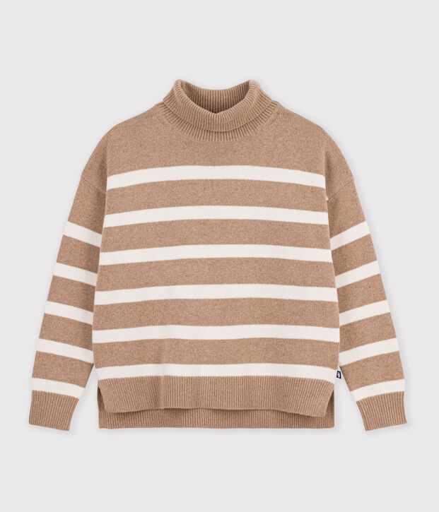Pull &agrave; col roul&eacute; femme en laine et coton &agrave; rayures beige/&eacute;cru