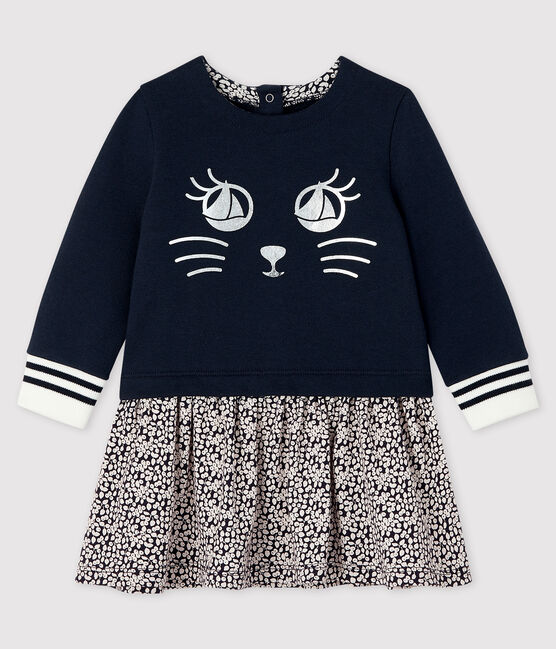 Jurk met lange mouwen babymeisje blauw SMOKING/wit MARSHMALLOW