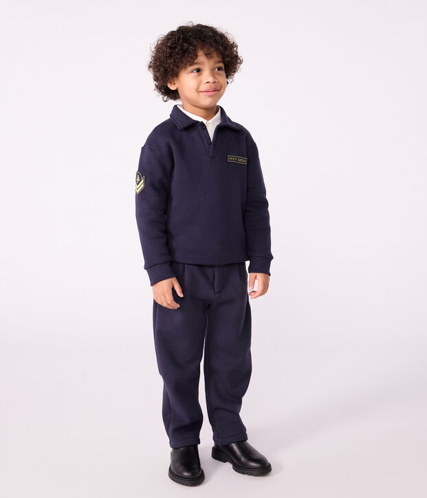 Sweatshirt esprit polo enfant en coton uni bleu marine