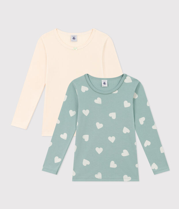 Lot de 2 tee shirts manches longues c&oelig;ur en coton petite fille multicouleur