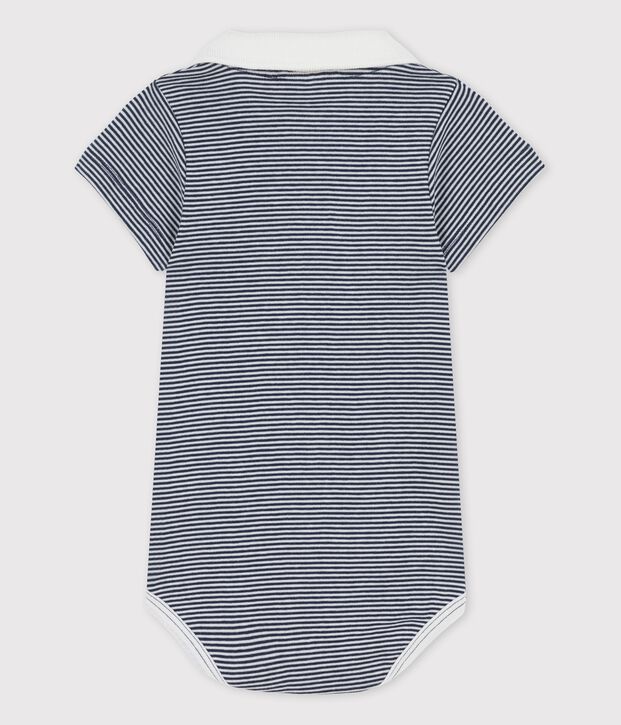 Body &agrave; col polo ray&eacute; milleraies en coton bio b&eacute;b&eacute; bleu/blanc