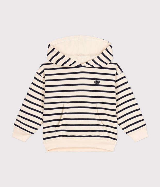Sweatshirt &agrave; capuche en molleton gratt&eacute; enfant  fille / gar&ccedil;on &eacute;cru/bleu