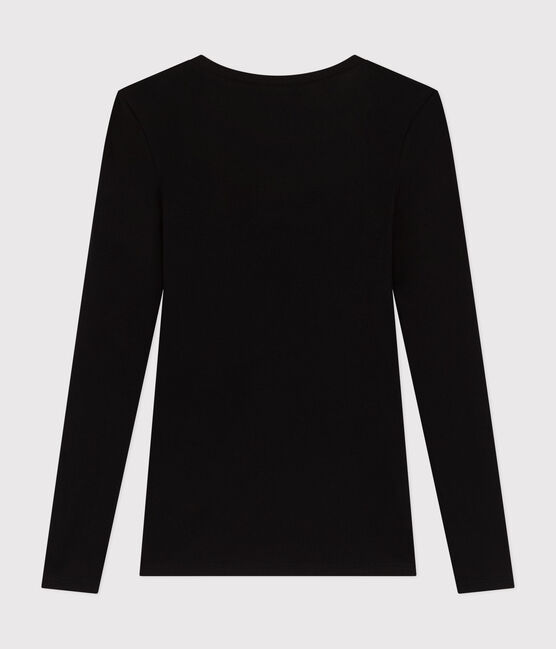 Katoenen dames-T-shirt met lange mouwen en diepe, ronde halsuitsnijding   zwart BLACK