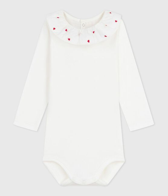 Body bébé en coton à col brodé, uni blanc MARSHMALLOW