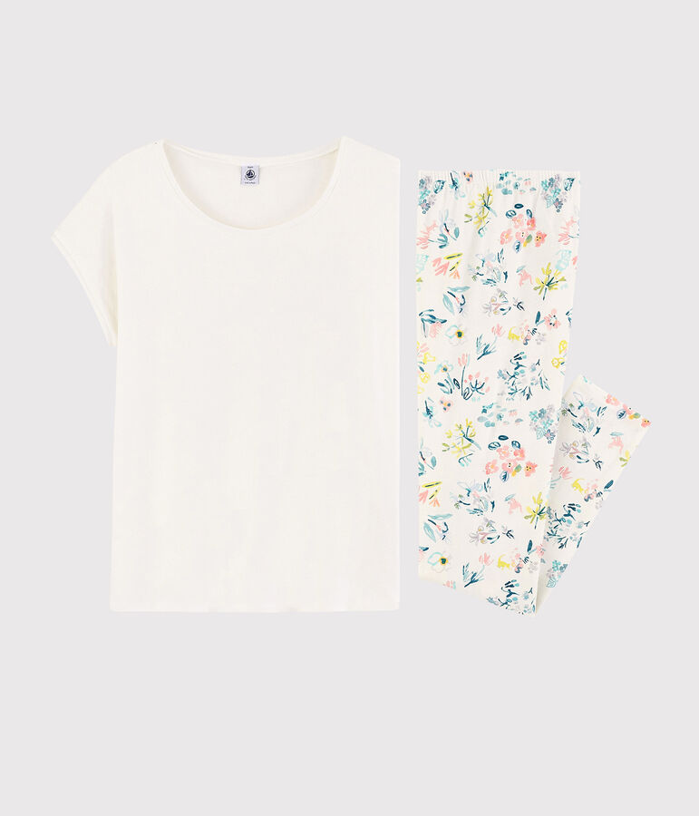 Pyjama fleurs printani&egrave;res fille- femme en coton blanc/multicouleur