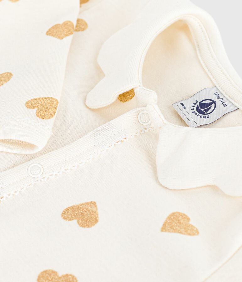 Baby pyjama van katoen zonder voetjes met gouden glitter hartjesprint ecru/geel