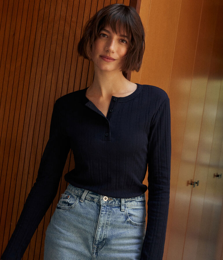 Effen T-shirt met lange mouw en henleykraagje van opengewerkte ribstof voor dames blauw SMOKING