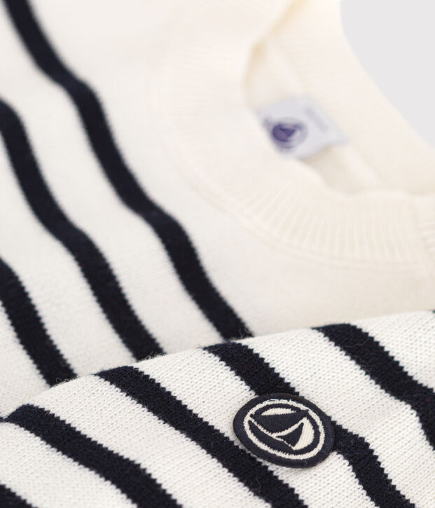 Gebreide babytrui van wol en katoen wit/blauw