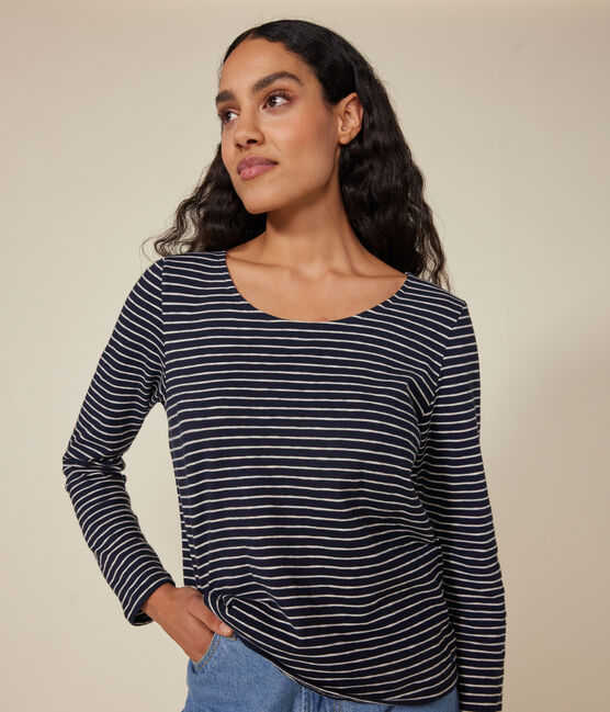 Dames-T-shirt van gevlamde jersey met lange mouw en diepe halslijn - Le Droit SMOKING/ MONTELIMAR
