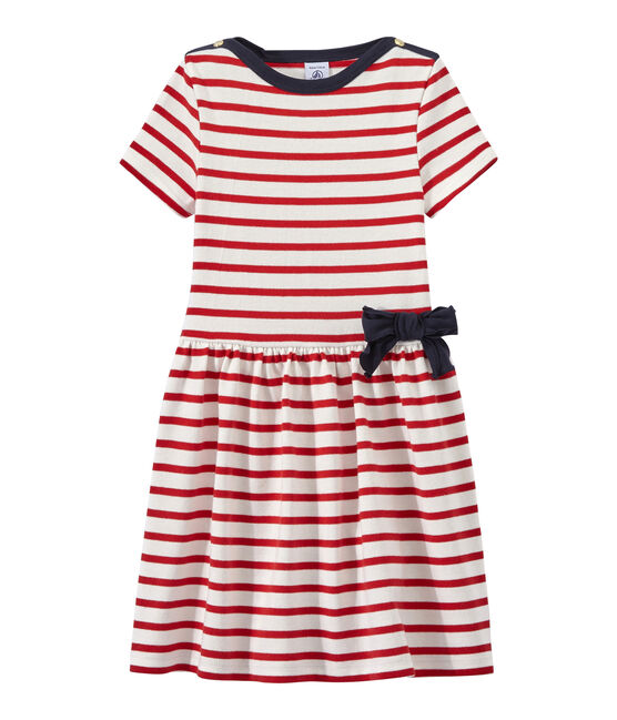 Gestreepte meisjesjurk wit MARSHMALLOW/rood TERKUIT