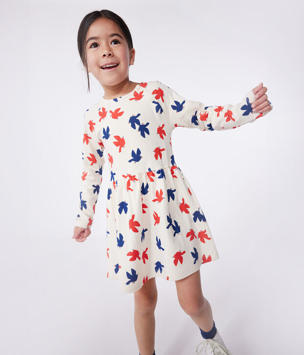 Robe enfant en coton manches longues imprim&eacute;e &eacute;cru/multicouleur
