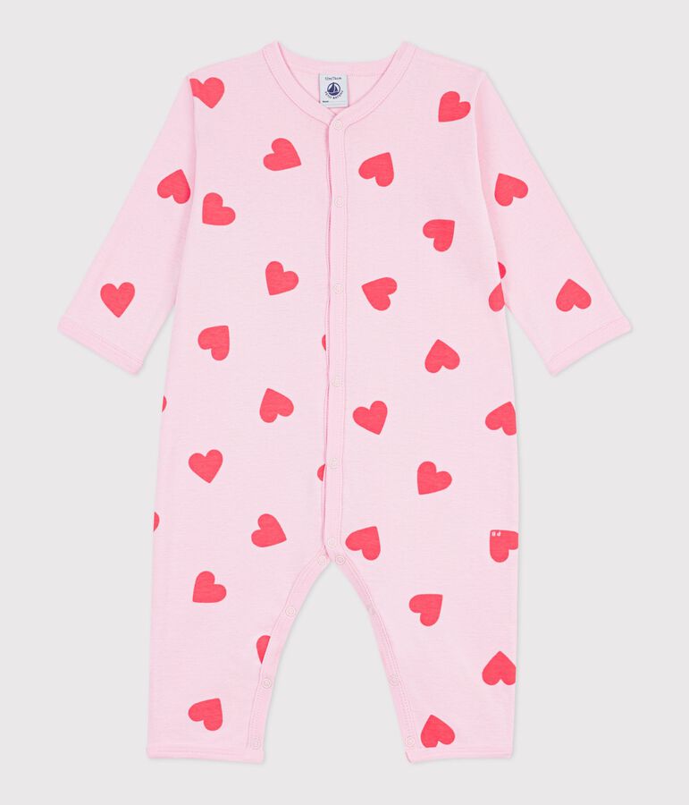 Katoenen babypyjama zonder voetjes met hartjesprint roze/oranje