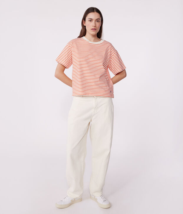 Gestreept katoenen T-shirt voor dames Le Boxy rood/rood