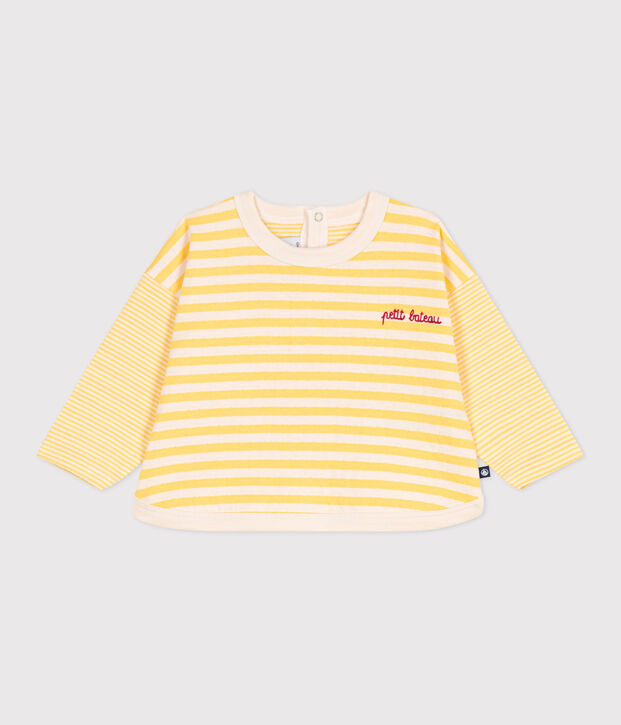 Tee-shirt b&eacute;b&eacute; en coton &agrave; manches longues ray&eacute; jaune/&eacute;cru