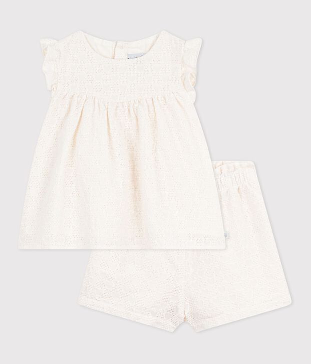 Ensemble b&eacute;b&eacute; 2 pi&egrave;ces en broderie anglaise, motif c&oelig;urs blanc