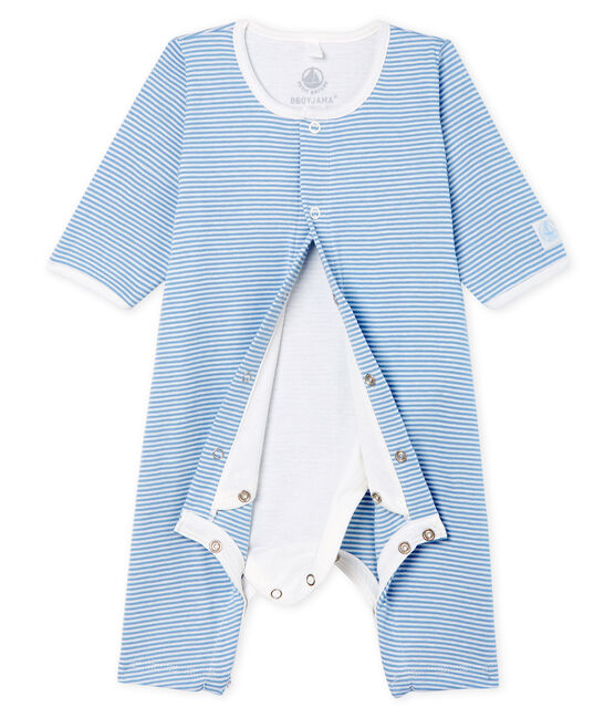 Bodyjama sans pieds bébé fille en côte bleu ACIER/blanc MARSHMALLOW