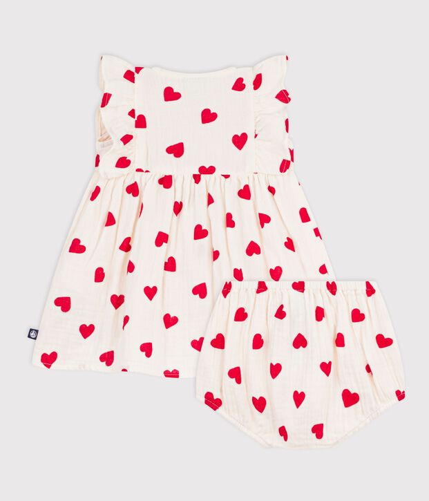 Robe b&eacute;b&eacute; en coton avec son bloomer, imprim&eacute;s c&oelig;urs rouge/rouge