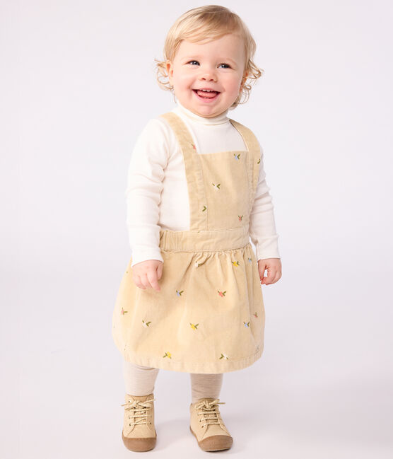 Robe bébé en velours côtelé brodé de fleurs beige CAJOU/ MULTICO
