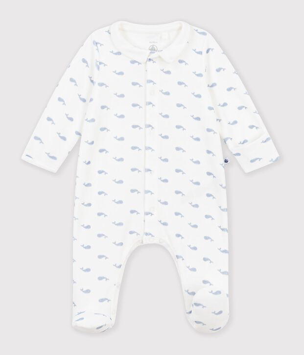 Pyjama b&eacute;b&eacute; en velours avec col imprim&eacute; baleine bleu/bleu