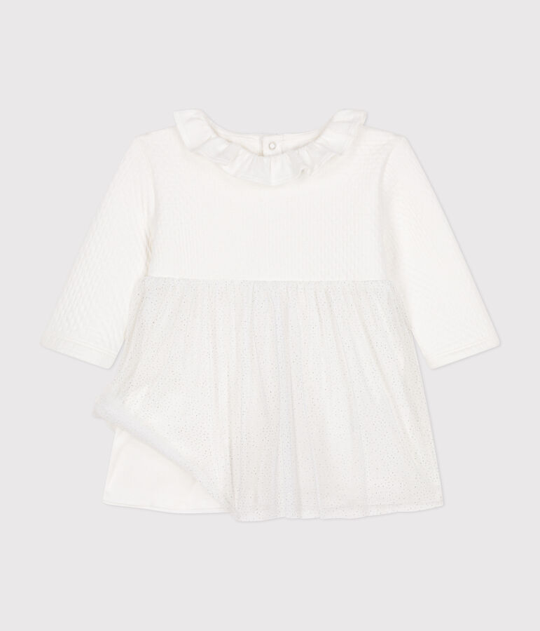 Babyjurk in tule en tubic wit MARSHMALLOW/grijs ARGENT