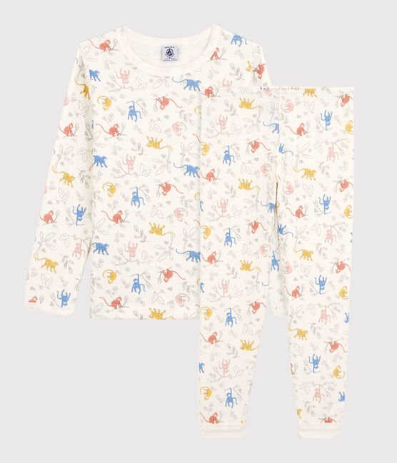 Pyjama met meerkleurige aapjes voor kleine meisjes/jongens in biokatoen wit MARSHMALLOW/wit MULTICO