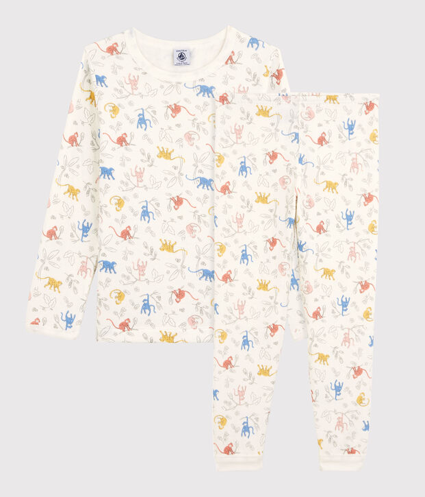 Pyjama met meerkleurige aapjes voor kleine meisjes/jongens in biokatoen wit/multicouleur