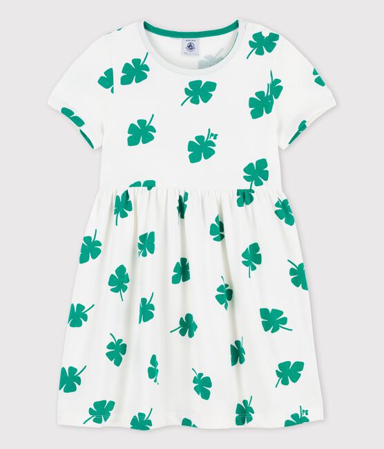 Meisjesjurk met korte mouwen in molton wit MARSHMALLOW/groen GAZON