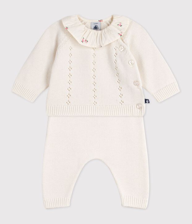 Ensemble 2 pi&egrave;ces b&eacute;b&eacute; en laine et coton avec collerette fleurie blanc