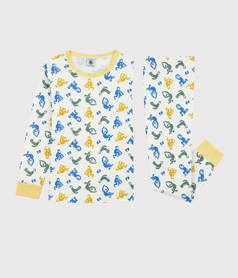 Katoenen jongenspyjama met fluorescerende aapjes wit MARSHMALLOW/wit MULTICO